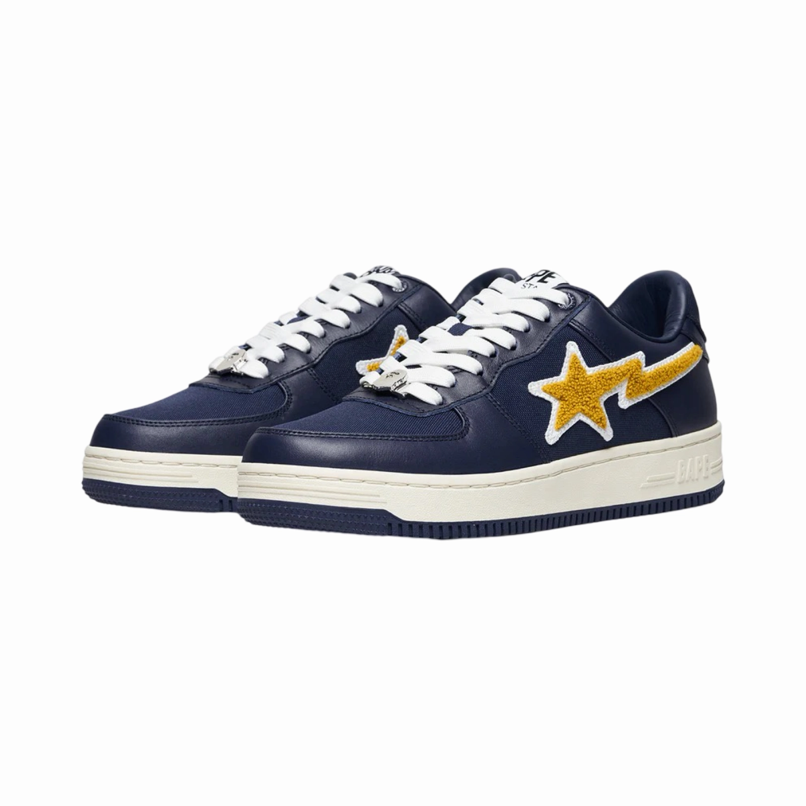 A Bathing Ape x Stadium Goods Bapesta Low Navy Yellow Chenille White Snowproof Outdoor Boots