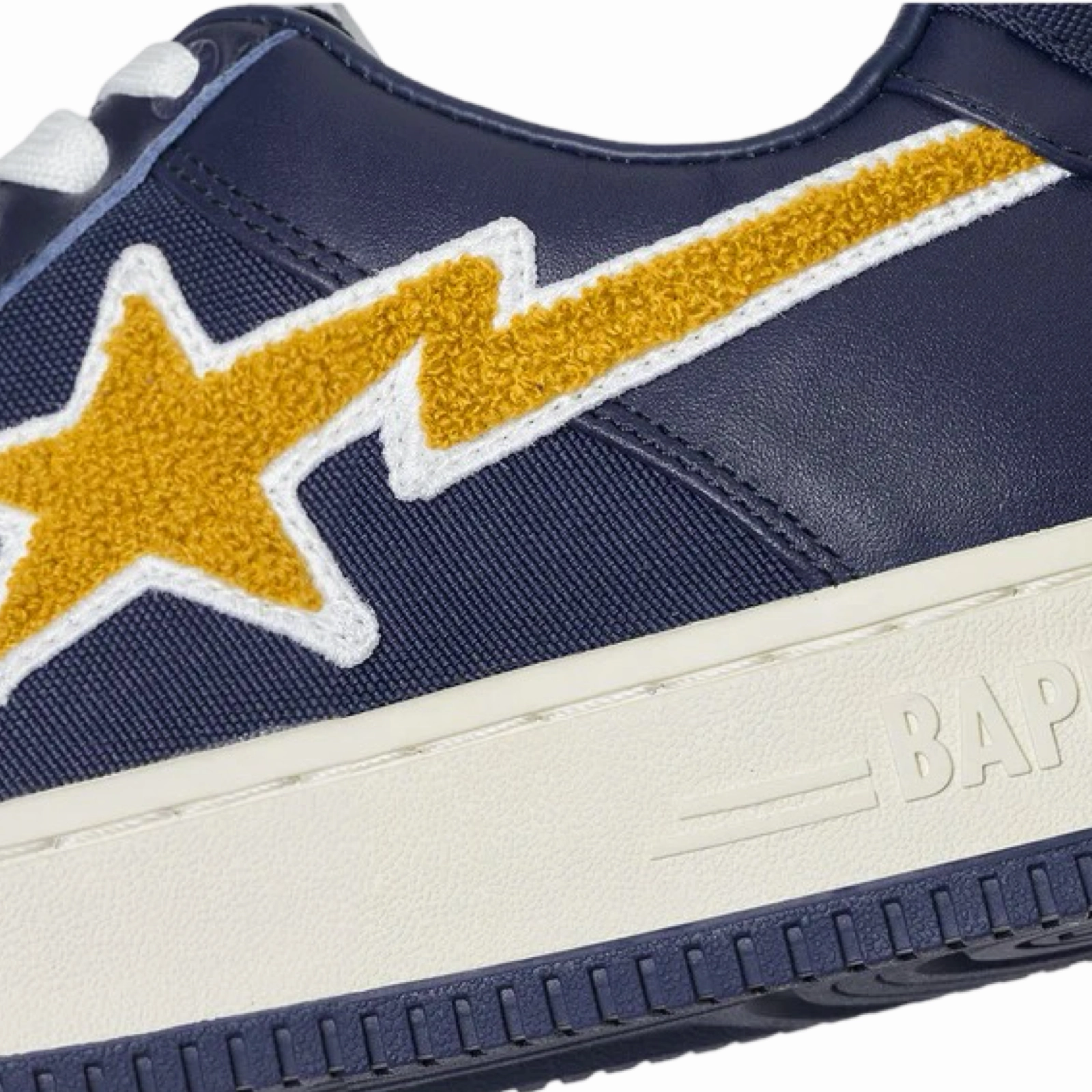 A Bathing Ape x Stadium Goods Bapesta Low Navy Yellow Chenille White Snowproof Outdoor Boots