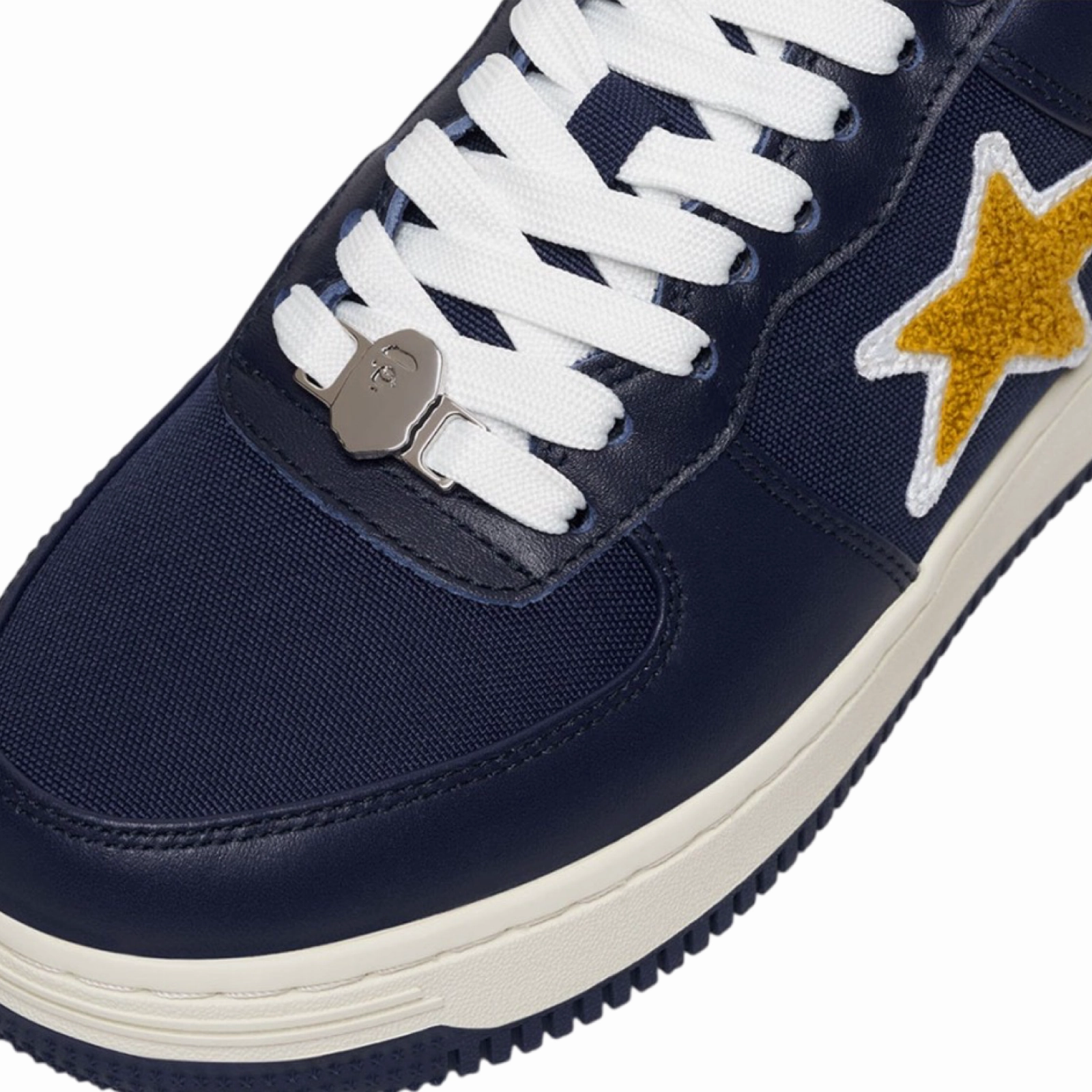 A Bathing Ape x Stadium Goods Bapesta Low Navy Yellow Chenille White Snowproof Outdoor Boots