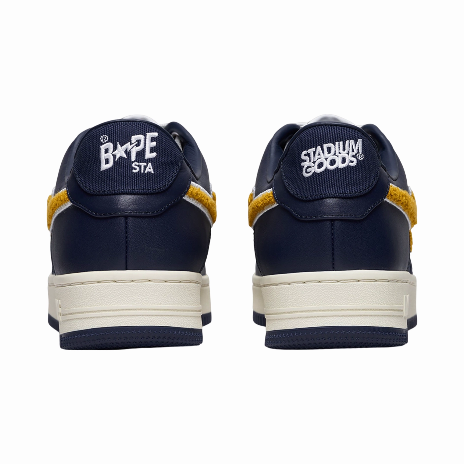 A Bathing Ape x Stadium Goods Bapesta Low Navy Yellow Chenille White Snowproof Outdoor Boots