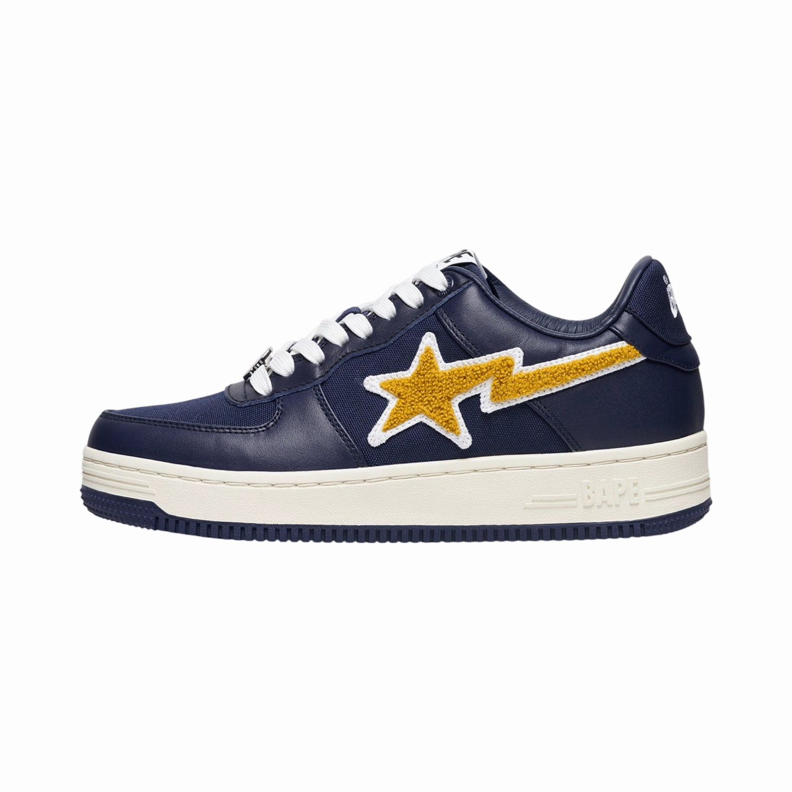 A Bathing Ape x Stadium Goods Bapesta Low Navy Yellow Chenille White Off-White footwear options