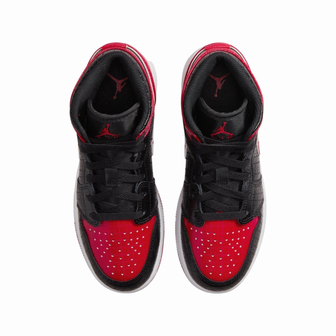 Air Jordan 1 Mid GS BRED Text Black Gym Red White Basketball Shoes
