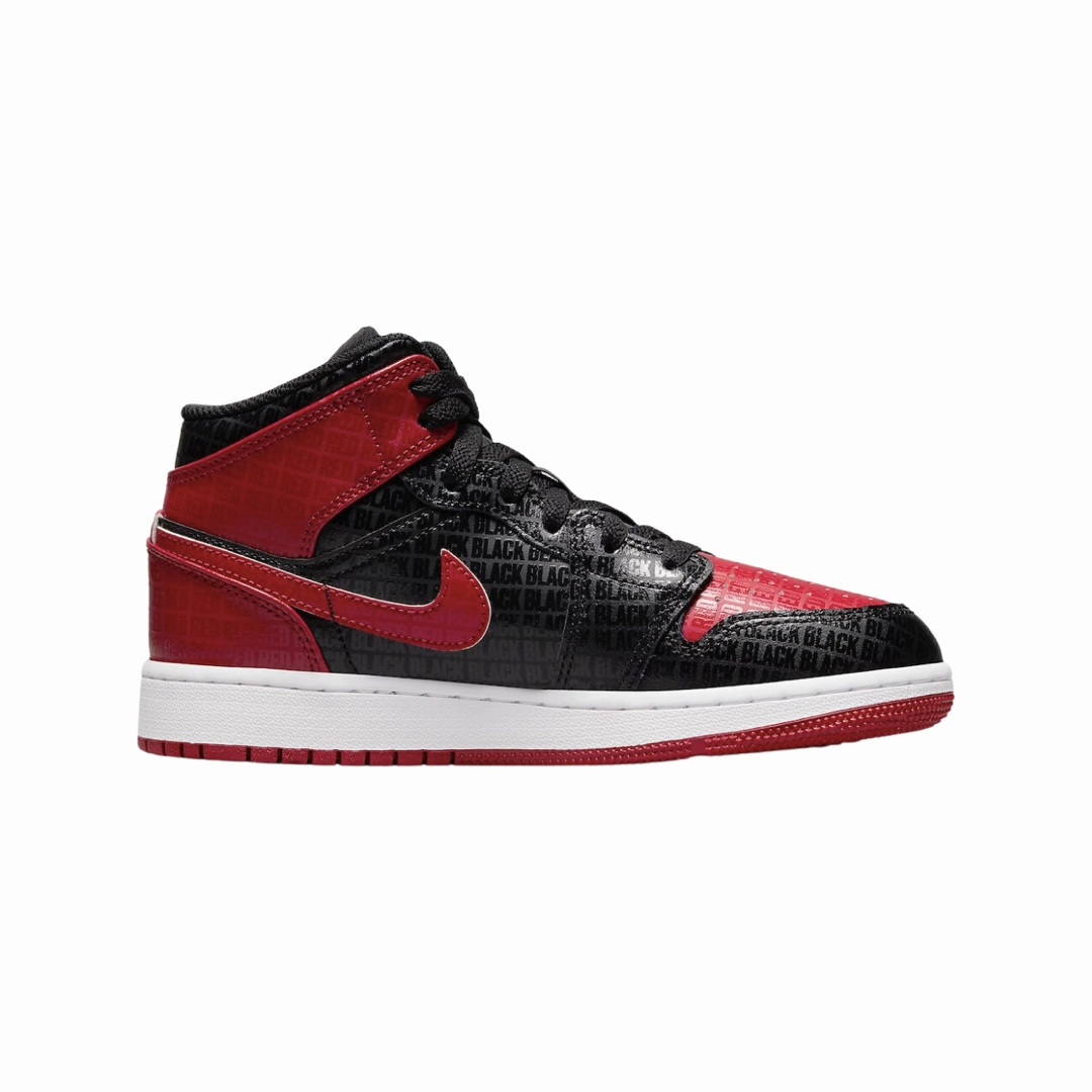 Air Jordan 1 Mid GS BRED Text Black Gym Red White Basketball Shoes