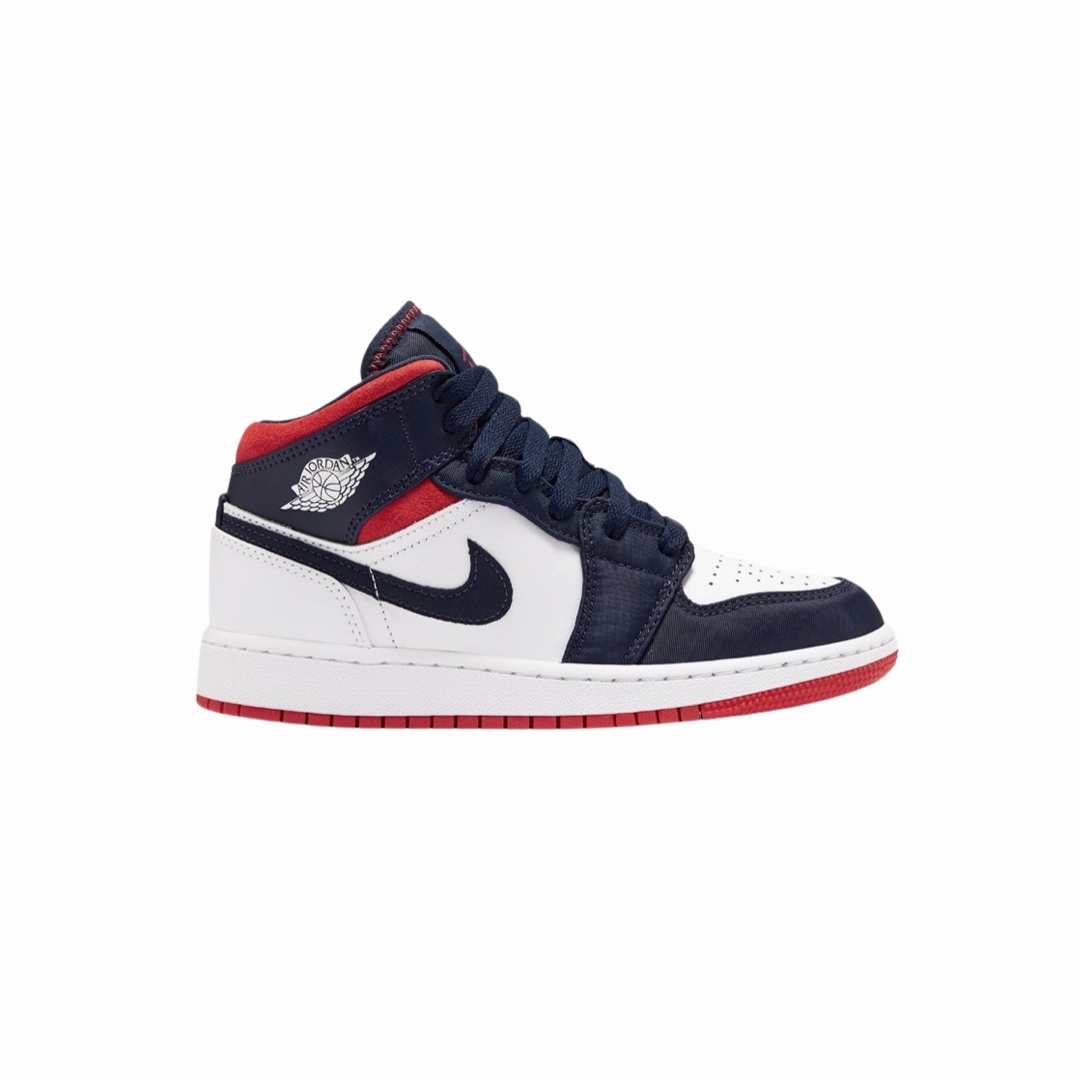 Air Jordan 1 Mid (GS) SE USA White Varsity Red Midnight Navy Basketball Shoes