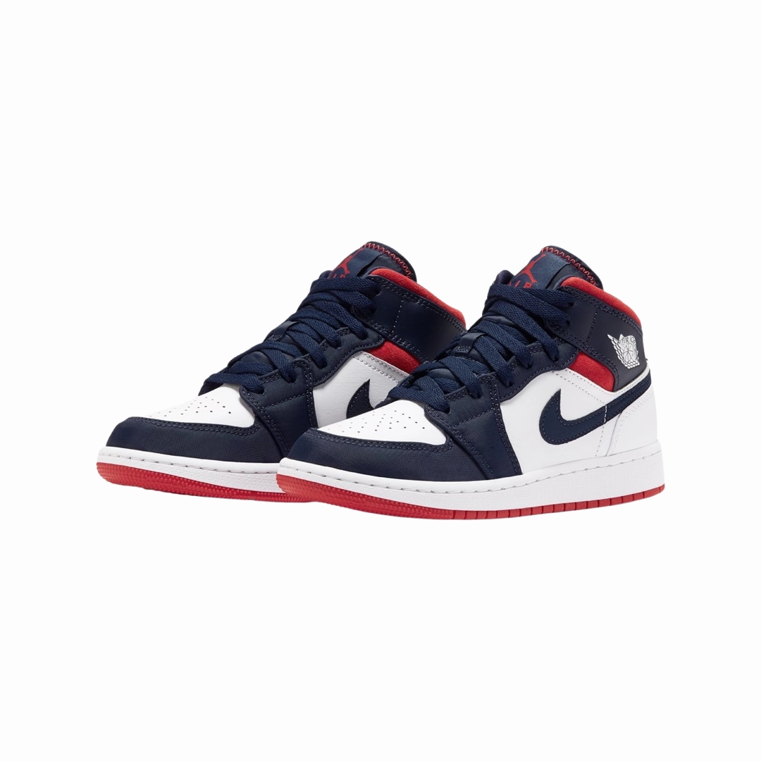 Air Jordan 1 Mid (GS) SE USA White Varsity Red Midnight Navy Basketball Shoes