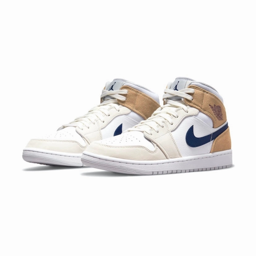 Air Jordan 1 Mid Tan Suede White Blue Void Team Red Basketball Shoes