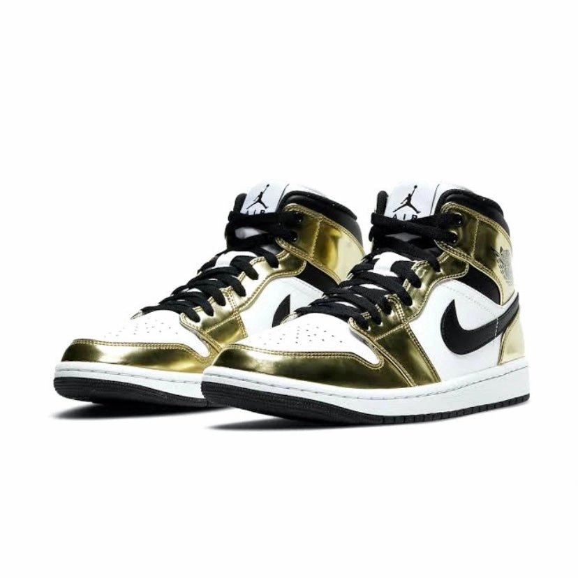 Air Jordan 1 Mid White Metallic Gold Black Retro Sneakers