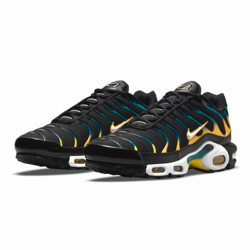 Air Max Plus Black Teal Yellow Nike training shoes with flexible soles