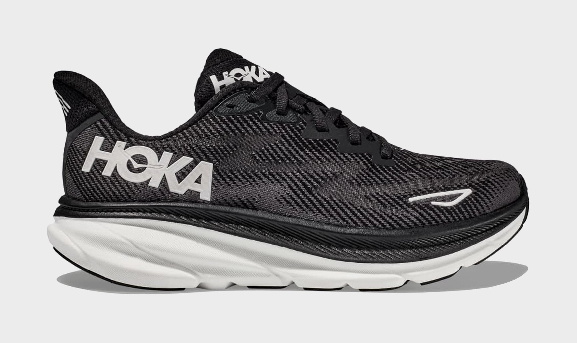 Clifton 9 Womens Running Shoes (Black/White) Trail-ready Hoka hiking shoes