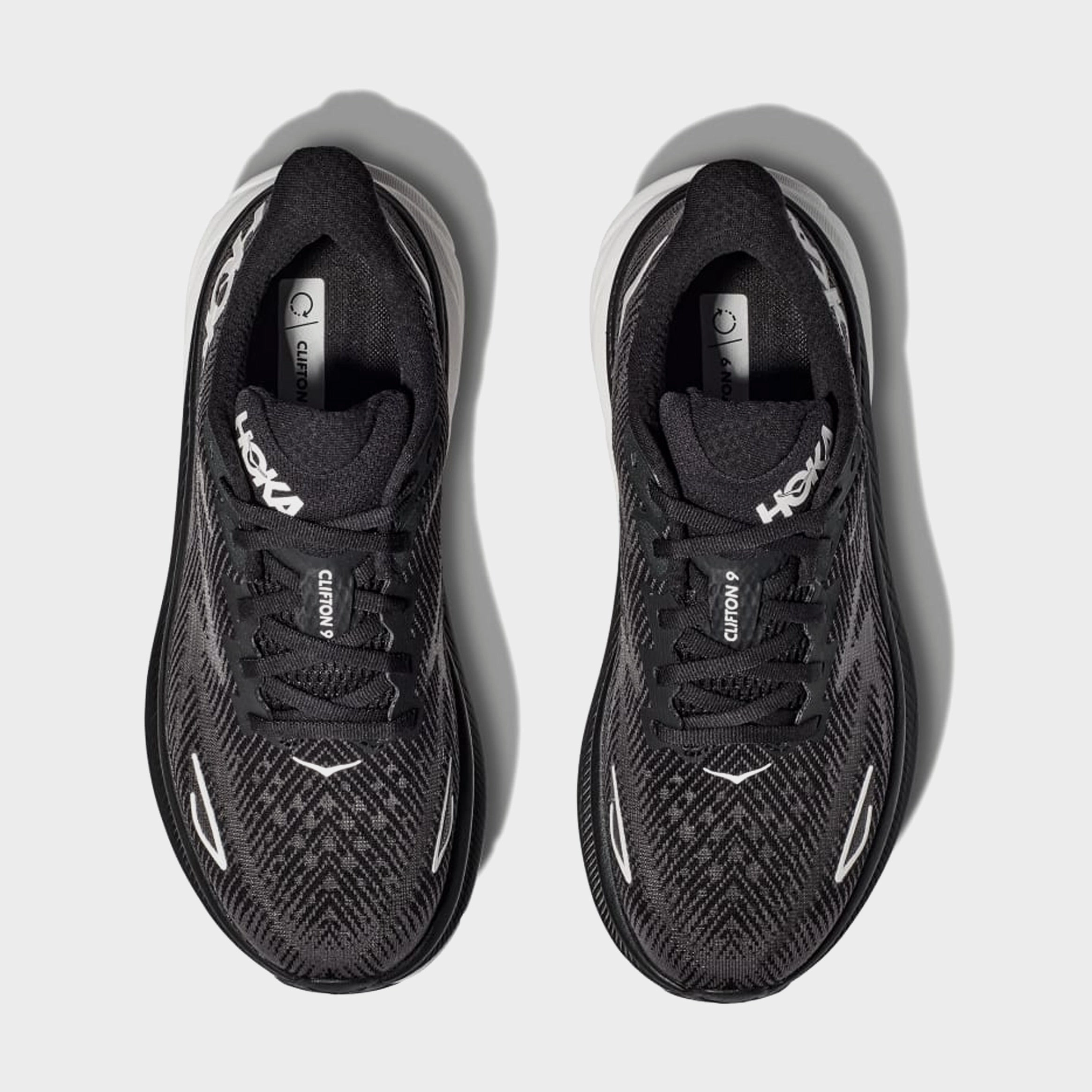 Clifton 9 Womens Running Shoes (Black/White) Trail grip footwear