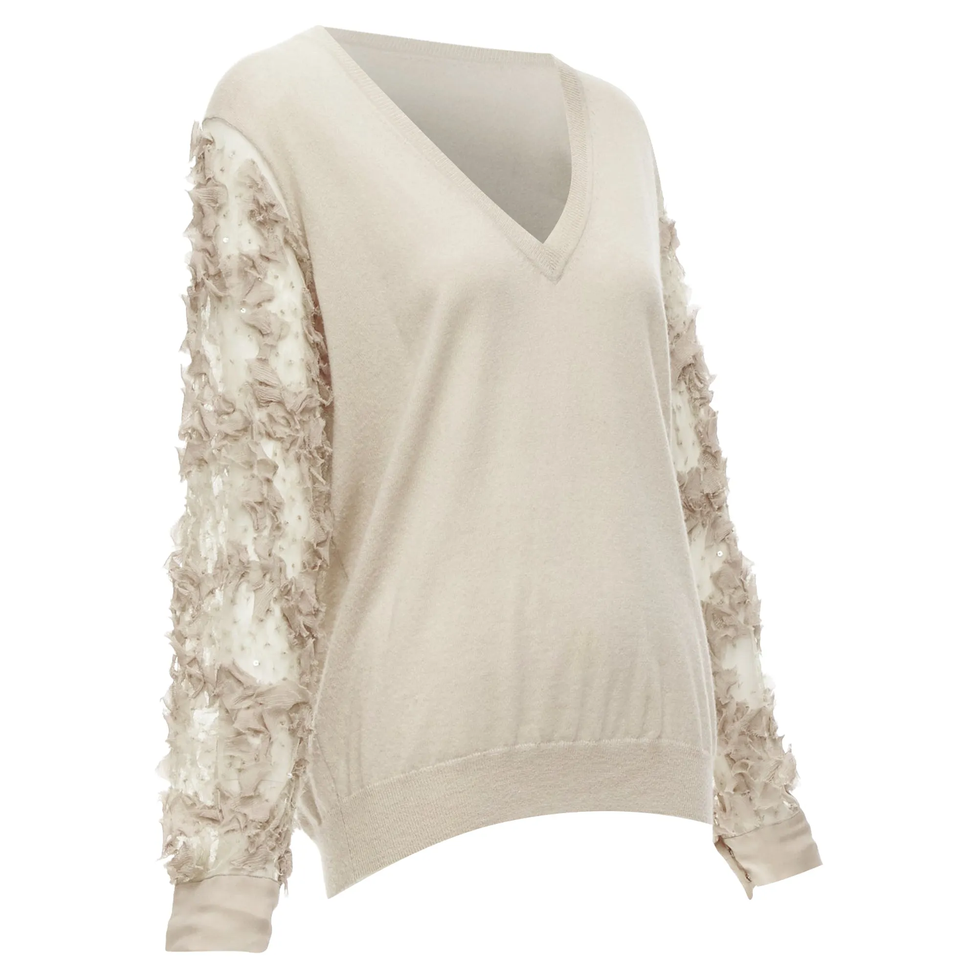 Dries Van Noten Cashmere Silk Ruffle Sheer Sleeves V-Neck Sweater