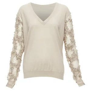 Dries Van Noten Cashmere Silk Ruffle Sheer Sleeves V-Neck Sweater