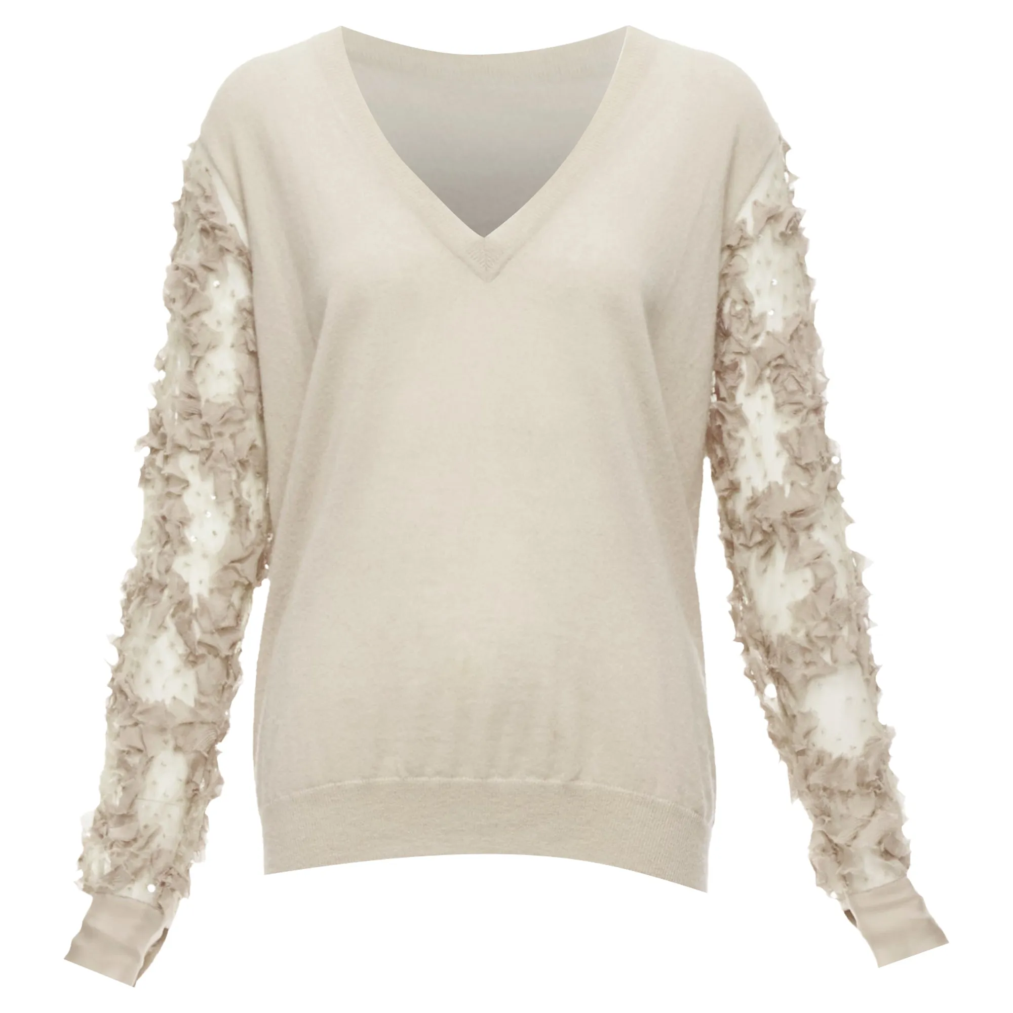 Dries Van Noten Cashmere Silk Ruffle Sheer Sleeves V-Neck Sweater