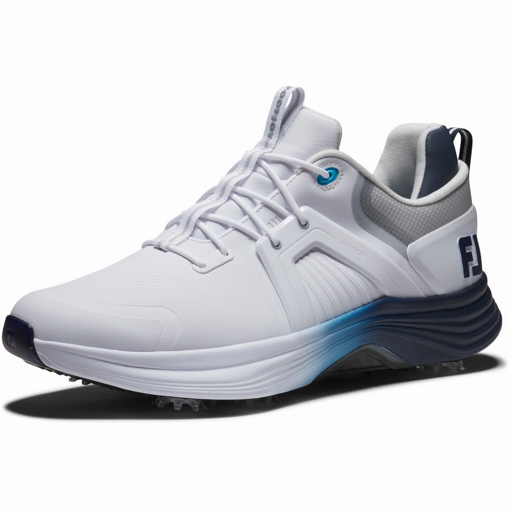 FootJoy Hyperflex Carbon Spiked Waterproof Shoes - White/Navy/Blue Pro Golf Traction