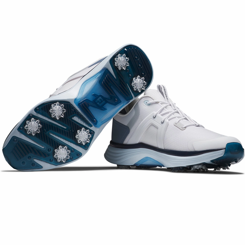 FootJoy Hyperflex Spiked Waterproof Shoes - White/Slate/Blue Pro Golf Traction