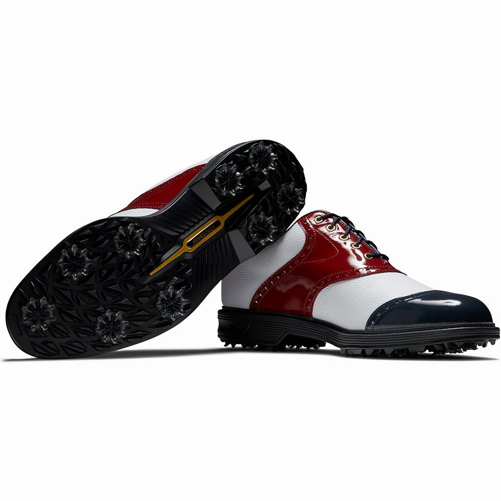 FootJoy Premiere 100 Year Celebration Limited Edition Spiked Waterproof Shoes - White/Red/Blue Pro Golf Traction