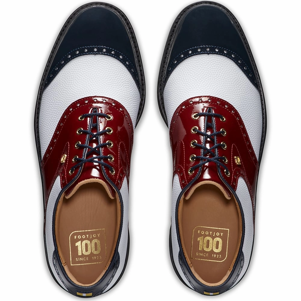 FootJoy Premiere 100 Year Celebration Limited Edition Spiked Waterproof Shoes - White/Red/Blue Pro Golf Traction