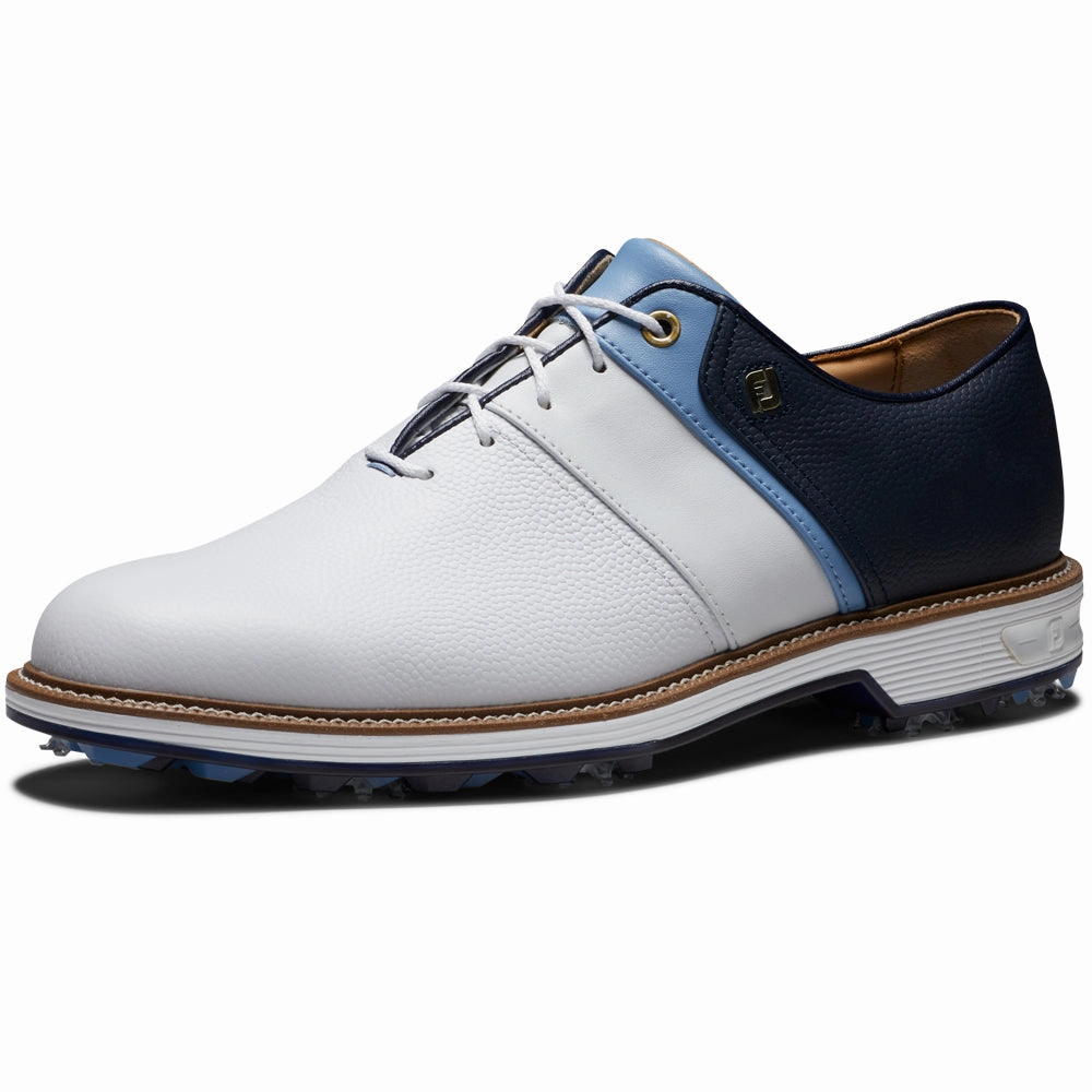 FootJoy Premiere Series Packard Spiked Waterproof Shoes - White/Blue/Navy Pro Golf Traction