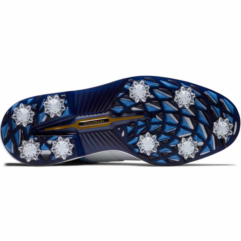 FootJoy Premiere Series Packard Spiked Waterproof Shoes - White/Blue/Navy Pro Golf Traction