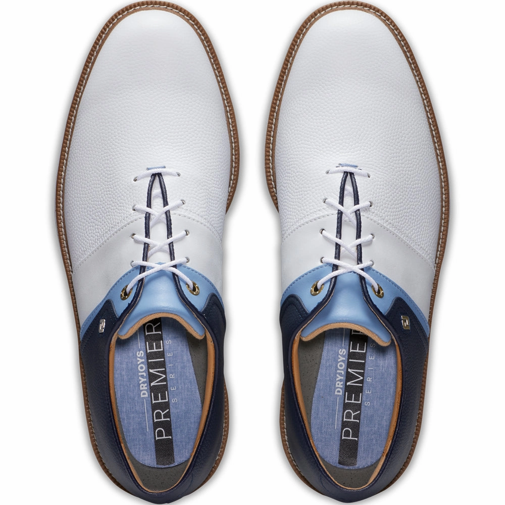 FootJoy Premiere Series Packard Spiked Waterproof Shoes - White/Blue/Navy Pro Golf Traction