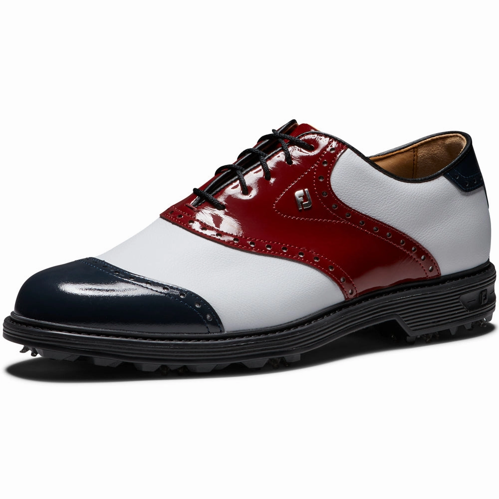 FootJoy Premiere Series Wilcox Spiked Waterproof Shoes - White/Navy/Wine Pro Golf Traction
