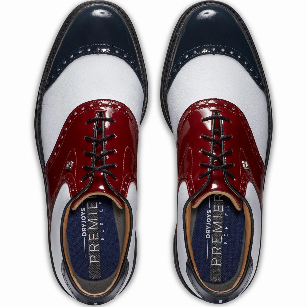 FootJoy Premiere Series Wilcox Spiked Waterproof Shoes - White/Navy/Wine Pro Golf Traction