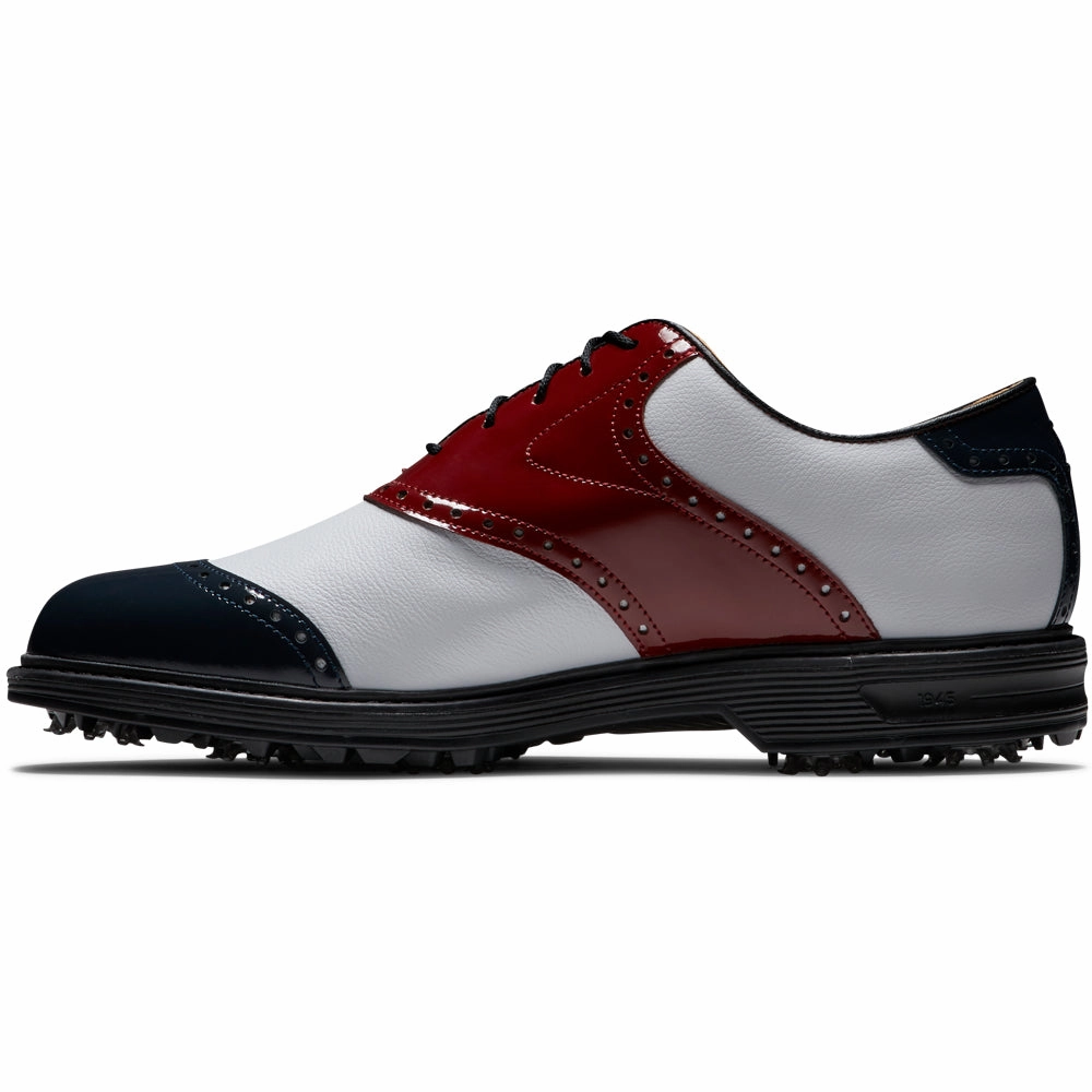 FootJoy Premiere Series Wilcox Spiked Waterproof Shoes - White/Navy/Wine Pro Golf Traction