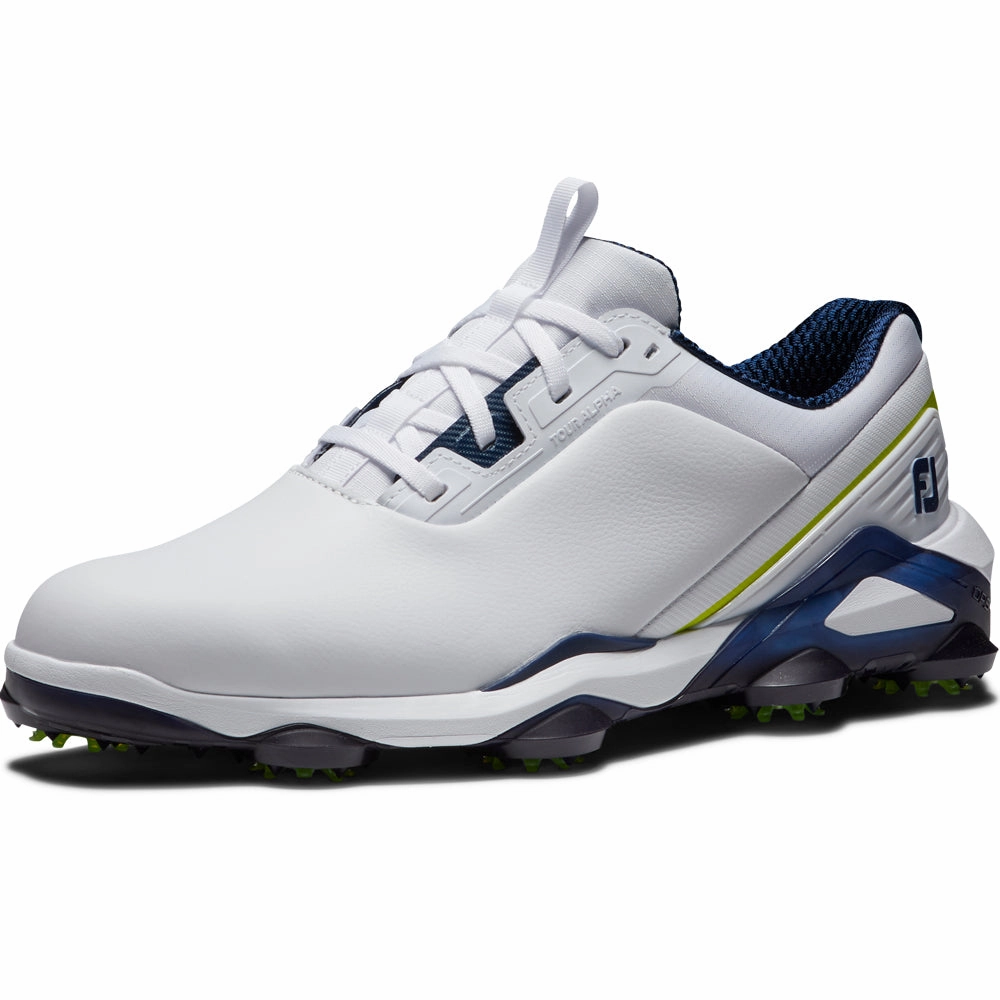 FootJoy Tour Alpha Spiked Waterproof Shoes - White/Navy/Lime Pro Golf Traction