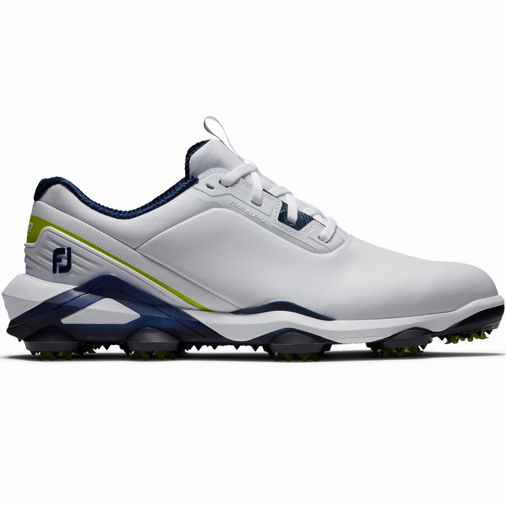 FootJoy Tour Alpha Spiked Waterproof Shoes - White/Navy/Lime Footjoy golf footwear