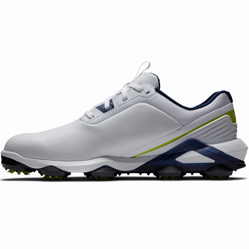FootJoy Tour Alpha Spiked Waterproof Shoes - White/Navy/Lime Pro Golf Traction