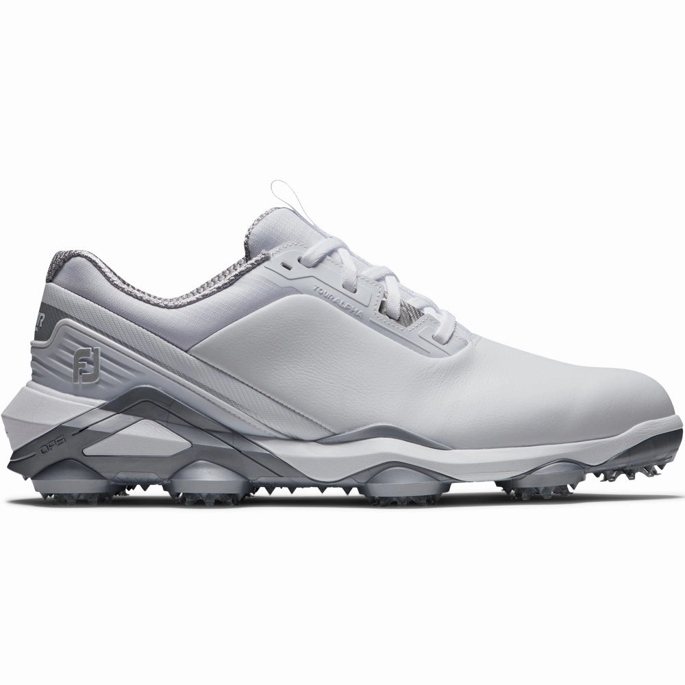 FootJoy Tour Alpha Spiked Waterproof Shoes - White/White/Silver Footjoy golf footwear