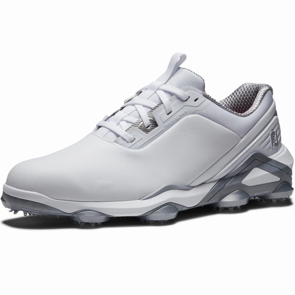 FootJoy Tour Alpha Spiked Waterproof Shoes - White/White/Silver Pro Golf Traction