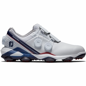 FootJoy Tour Alpha Triple BOA Spiked Waterproof Shoes - White/Navy/Red Footjoy golf footwear