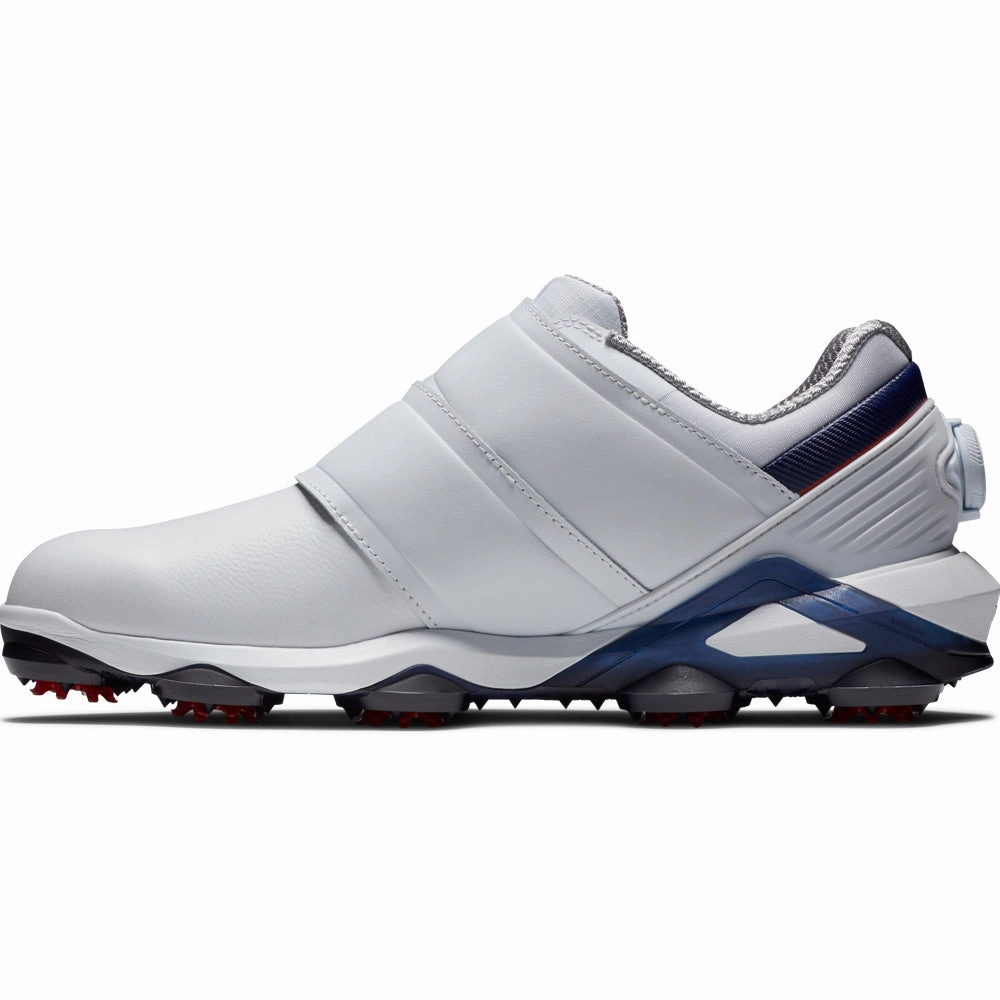 FootJoy Tour Alpha Triple BOA Spiked Waterproof Shoes - White/Navy/Red Pro Golf Traction