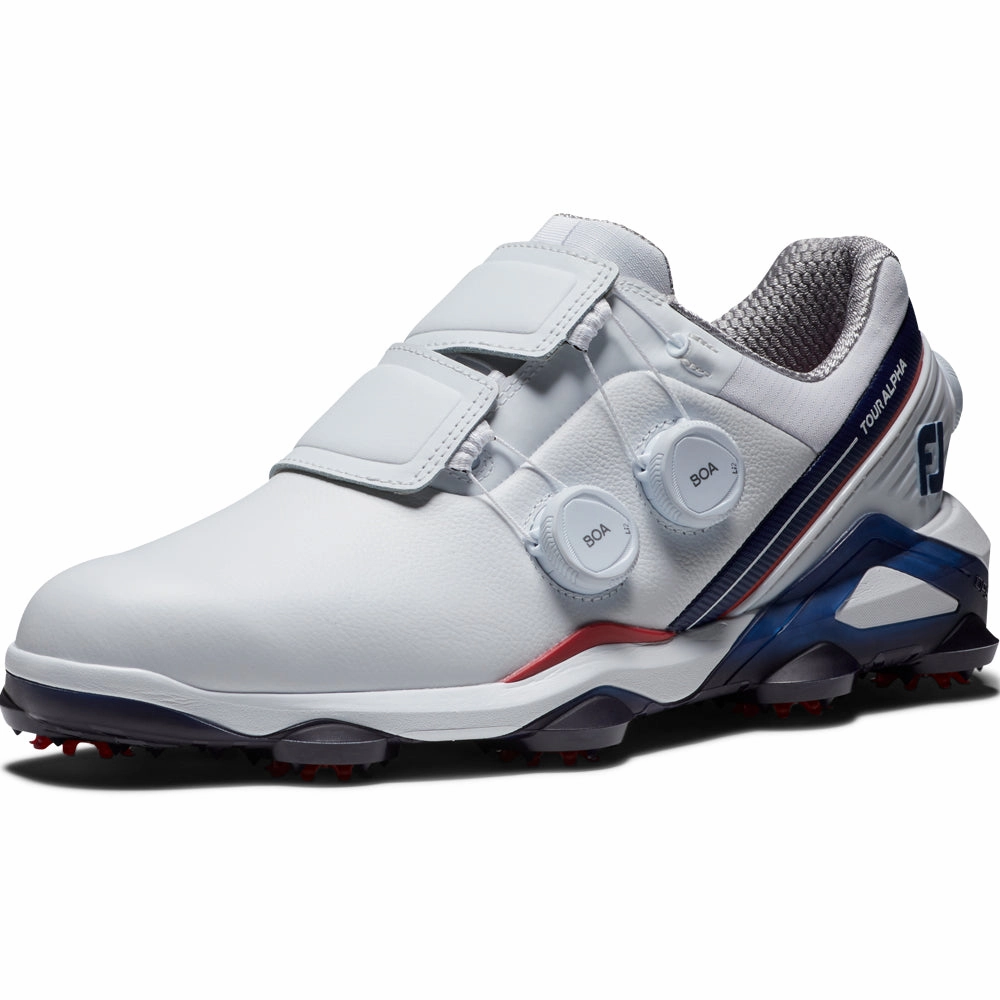 FootJoy Tour Alpha Triple BOA Spiked Waterproof Shoes - White/Navy/Red Pro Golf Traction