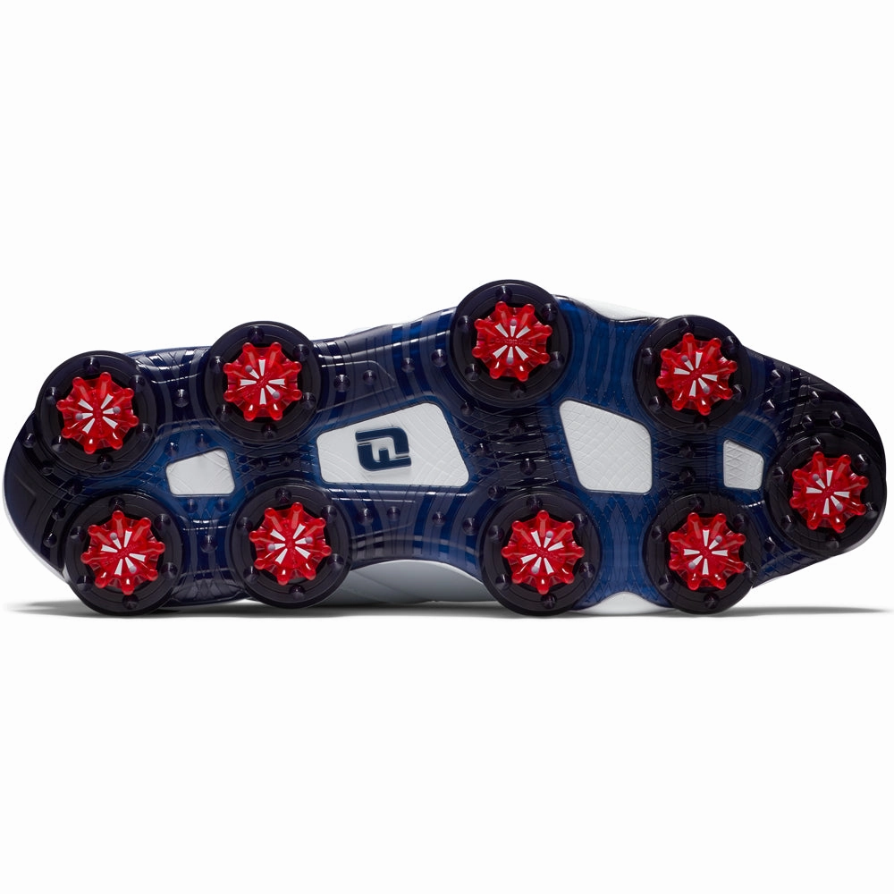 FootJoy Tour Alpha Triple BOA Spiked Waterproof Shoes - White/Navy/Red Pro Golf Traction