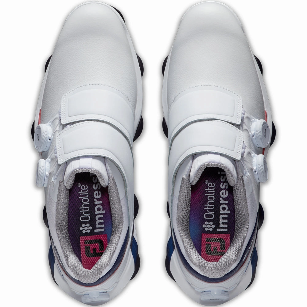 FootJoy Tour Alpha Triple BOA Spiked Waterproof Shoes - White/Navy/Red Pro Golf Traction