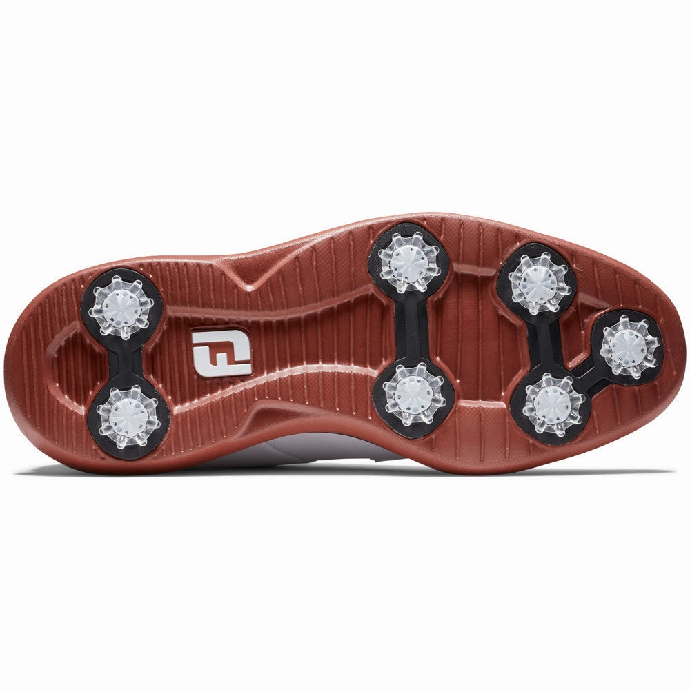 FootJoy Traditions Blucher Spiked Waterproof Shoes - White/White/Brick Pro Golf Traction