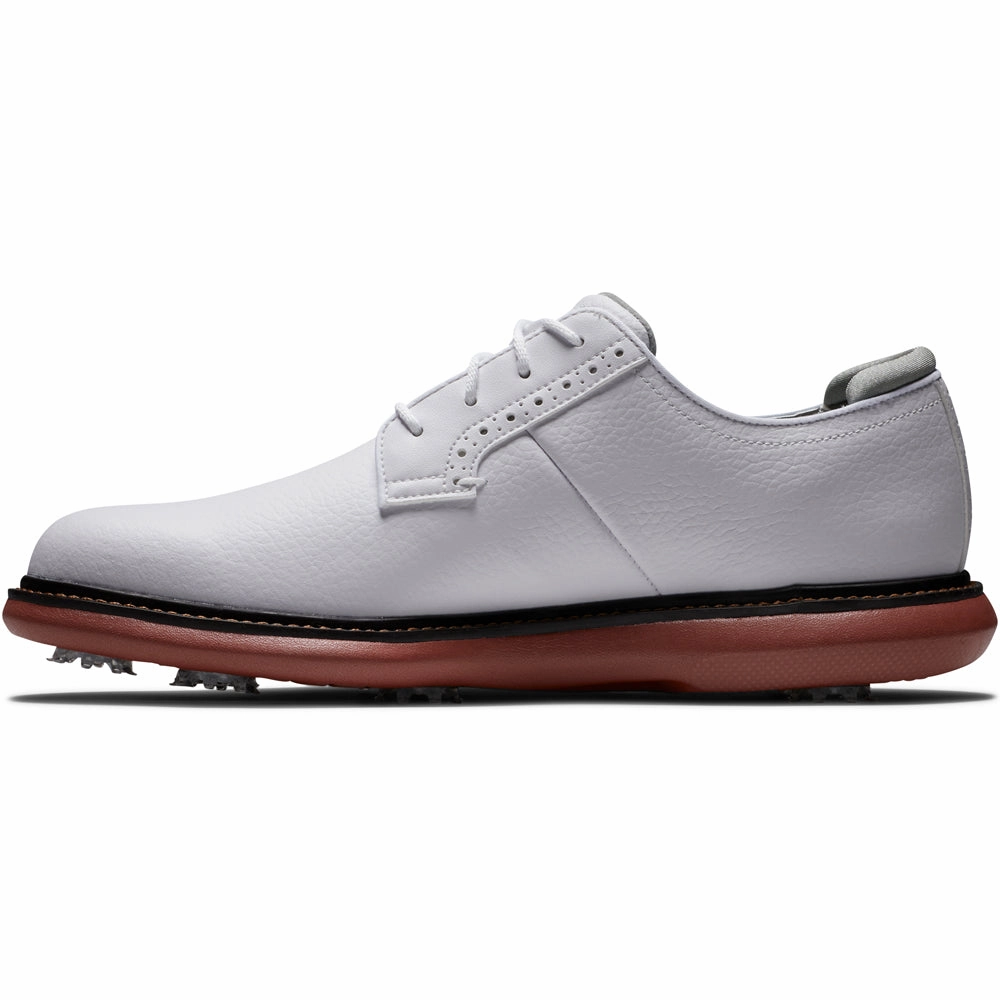 FootJoy Traditions Blucher Spiked Waterproof Shoes - White/White/Brick Pro Golf Traction