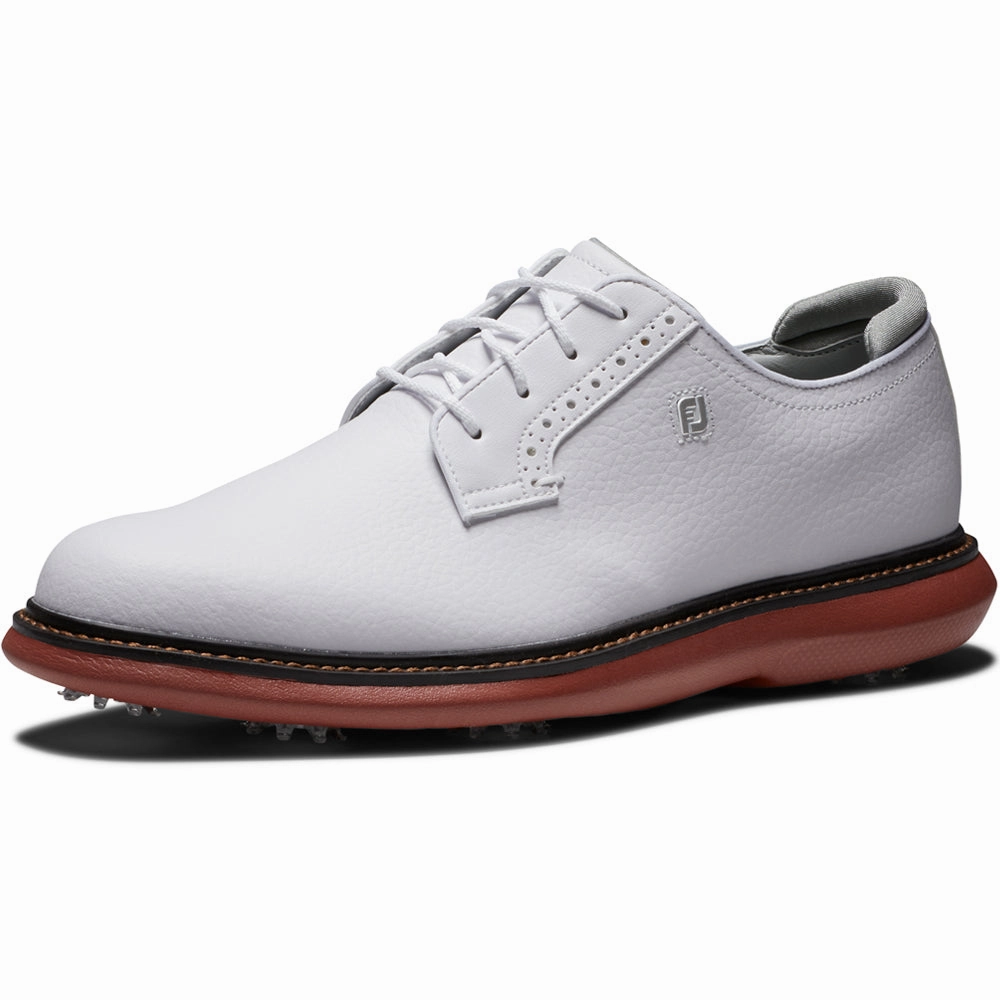 FootJoy Traditions Blucher Spiked Waterproof Shoes - White/White/Brick Pro Golf Traction