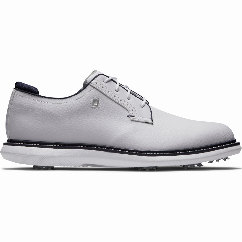 FootJoy Traditions Blucher Spiked Waterproof Shoes - White/White/Navy Blucher Footjoy golf footwear