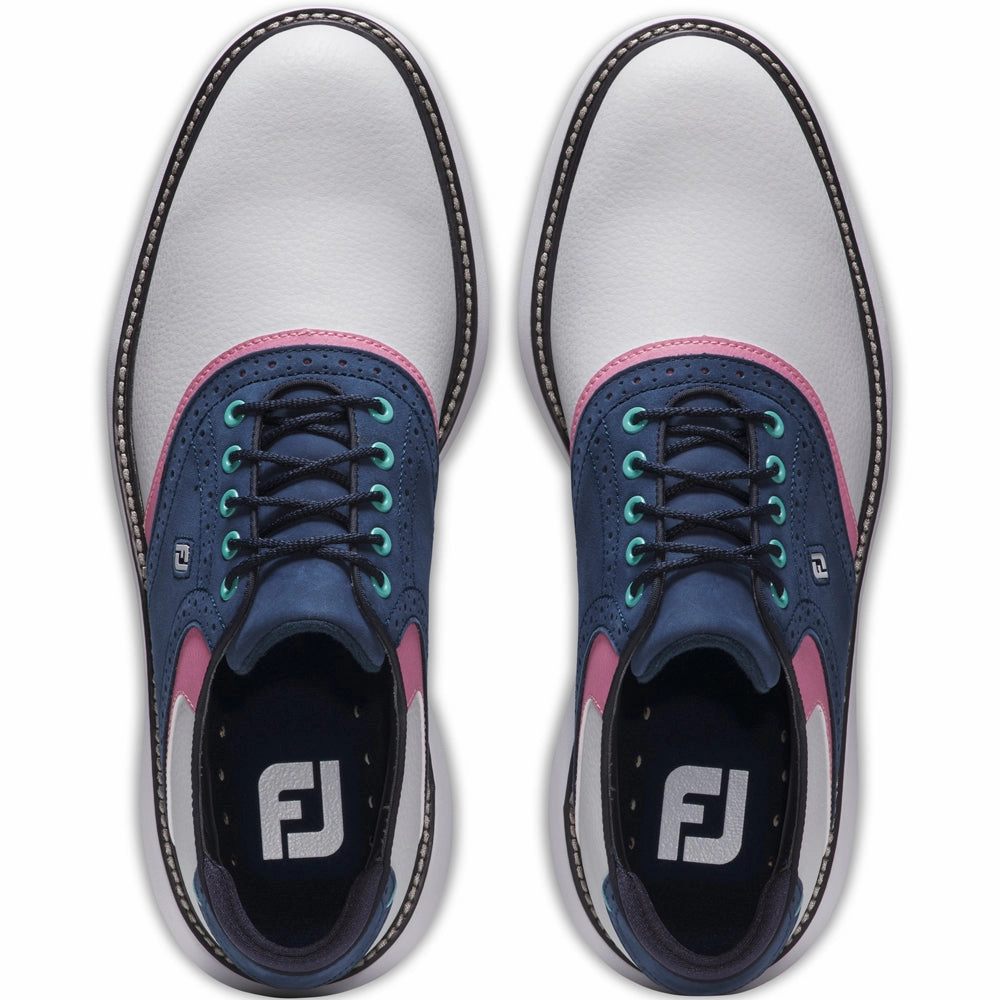 FootJoy Traditions Spiked Shoes - White/Navy/Pink Pro Golf Traction