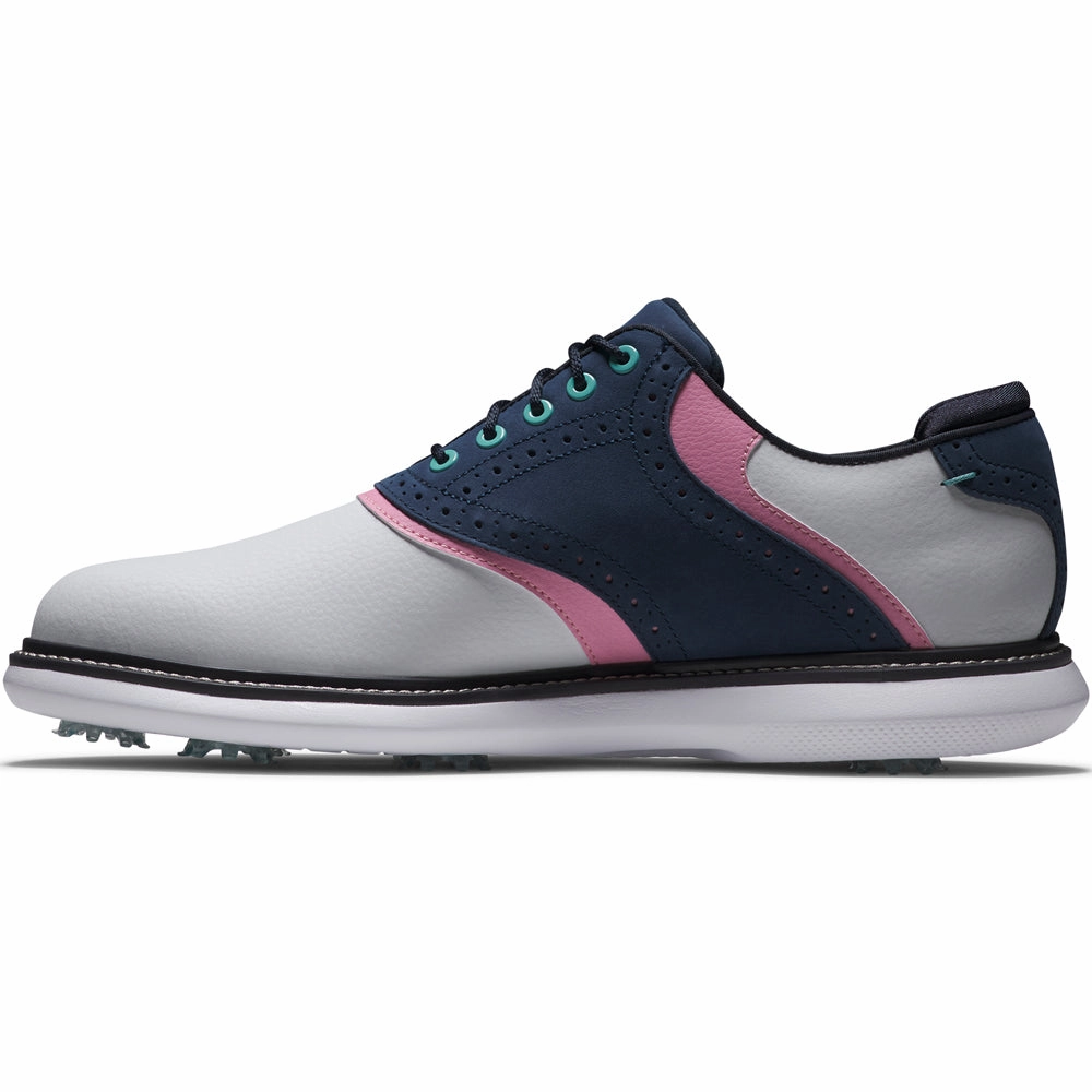 FootJoy Traditions Spiked Shoes - White/Navy/Pink Pro Golf Traction