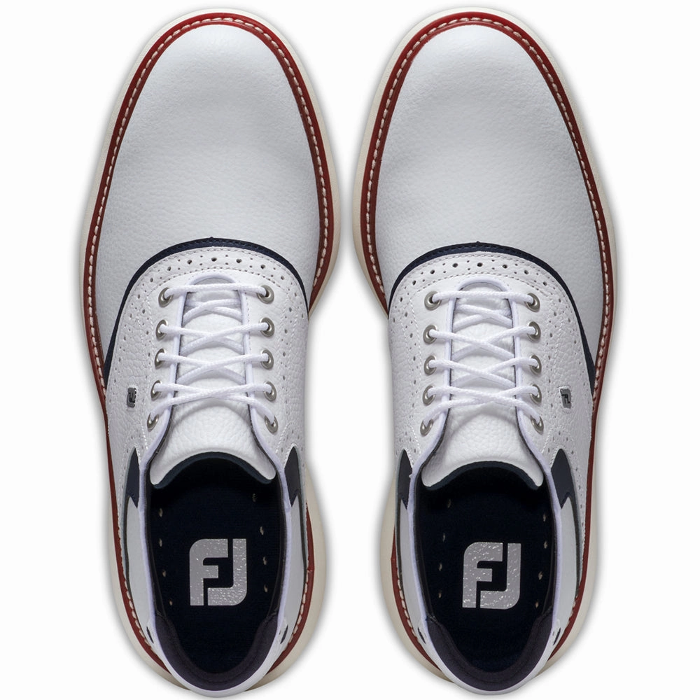 FootJoy Traditions Spiked Shoes - White/Navy/Red Pro Golf Traction