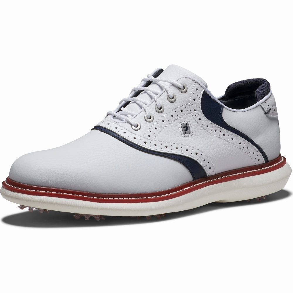 FootJoy Traditions Spiked Shoes - White/Navy/Red Pro Golf Traction