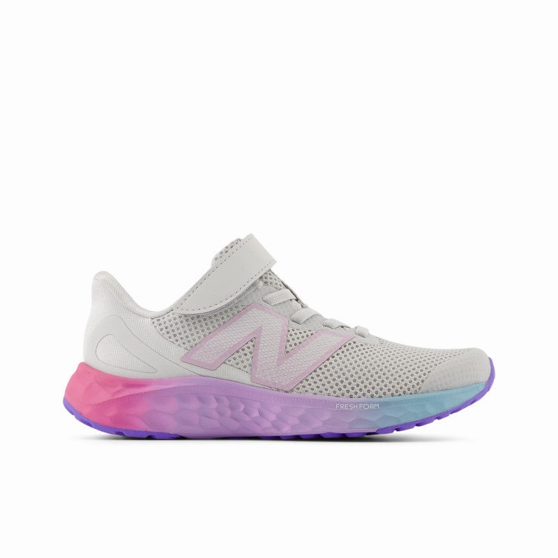 Fresh Foam Arishi v4 Bungee Lace with Top Strap - Grey Matter with Mid Century Pink and Lilac Glo - Kids New Balance lifestyle shoes