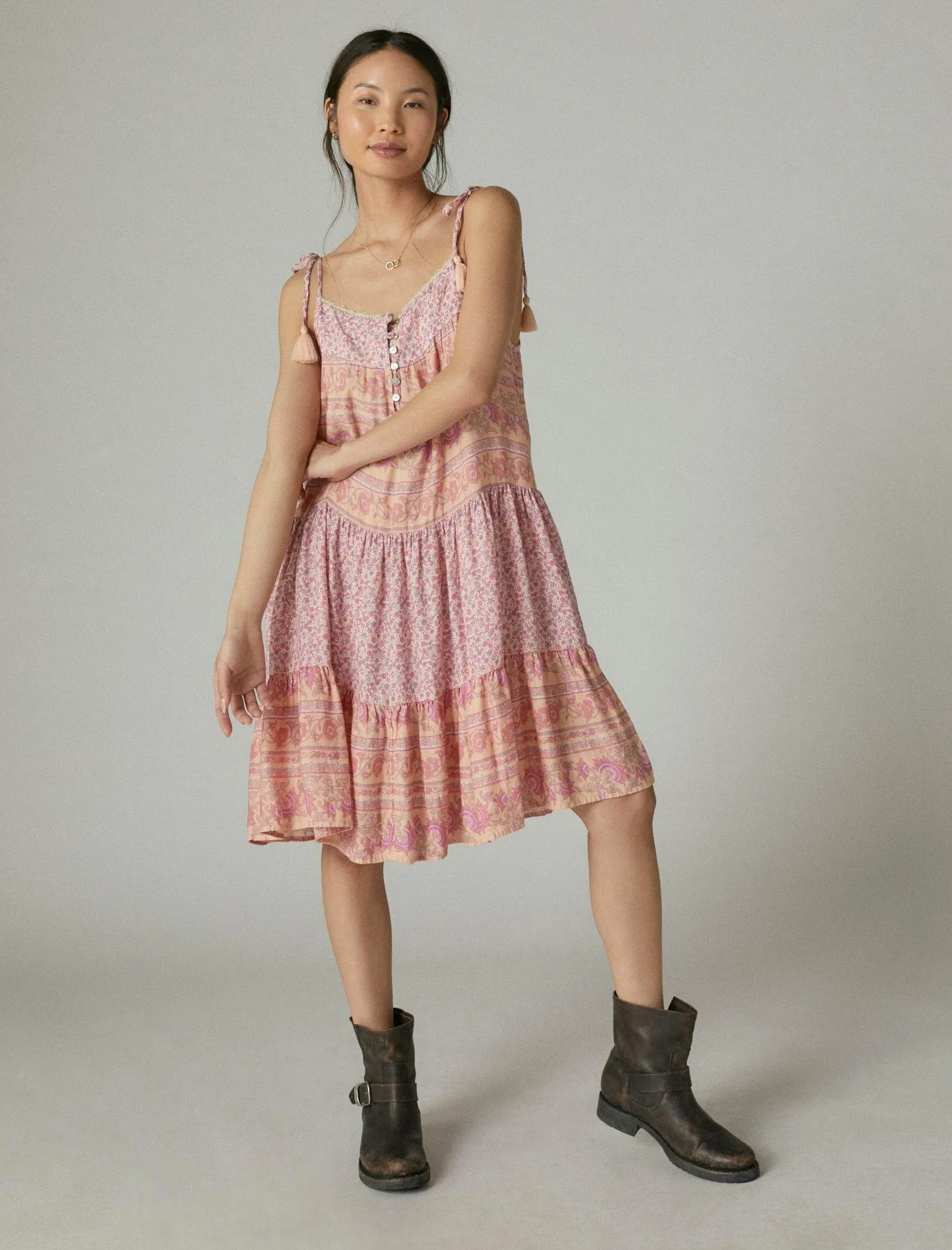 Lucky Brand Mixed Print Tie Sleeve Tiered Dress Peach Multi Lucky Brand