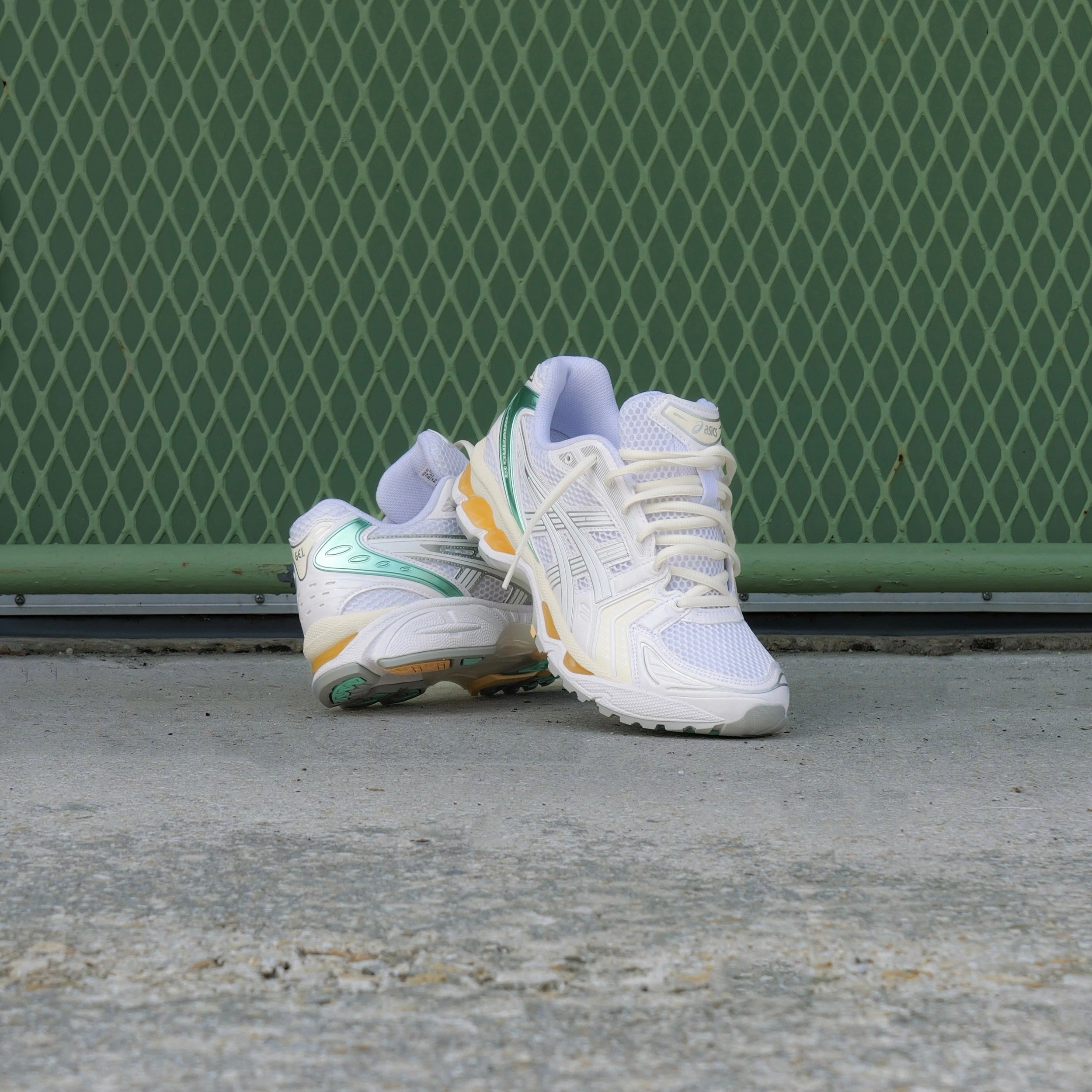 Mens Asics Gel-Kayano 14 (White/White) running shoe close-up shots