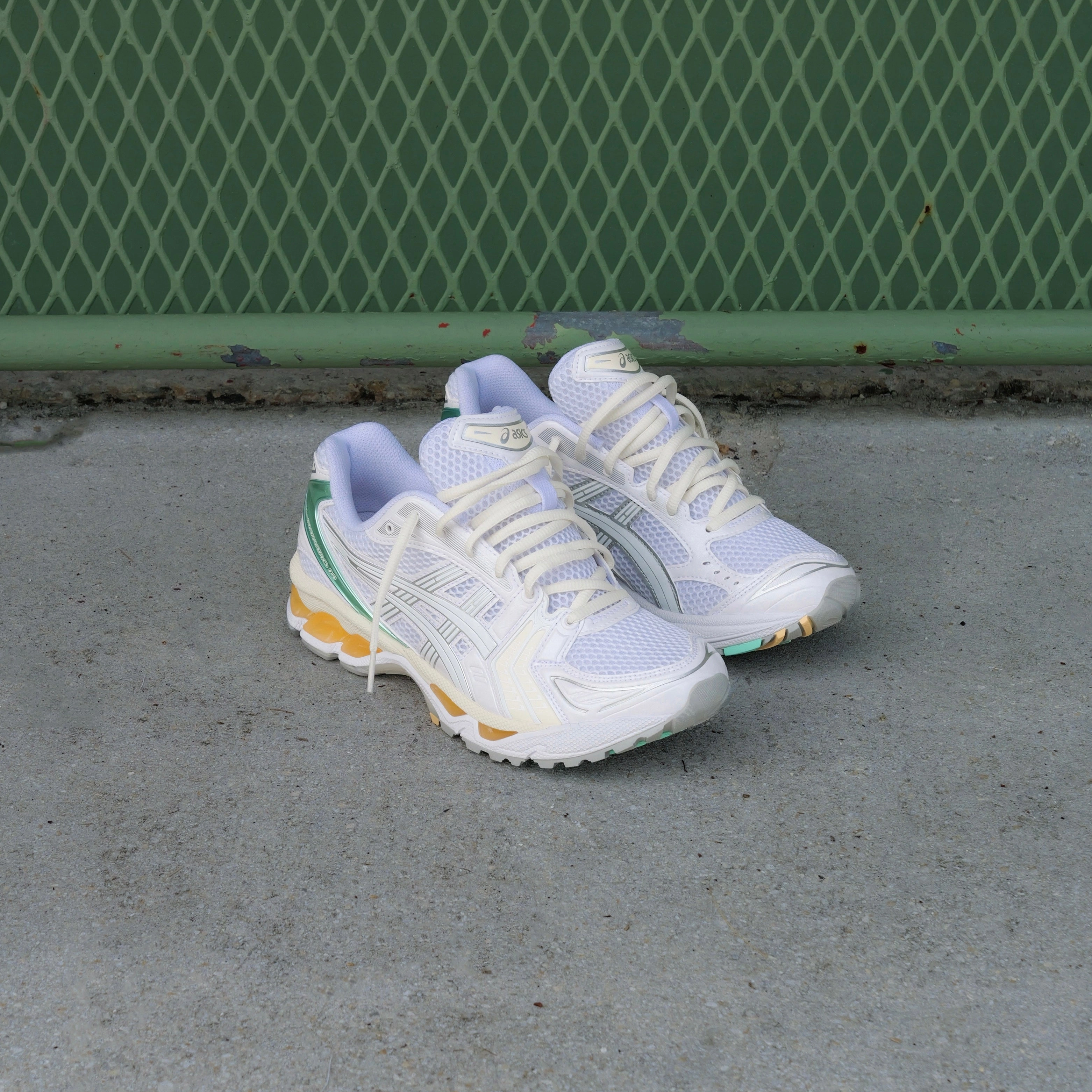 Mens Asics Gel-Kayano 14 (White/White) running shoe close-up shots