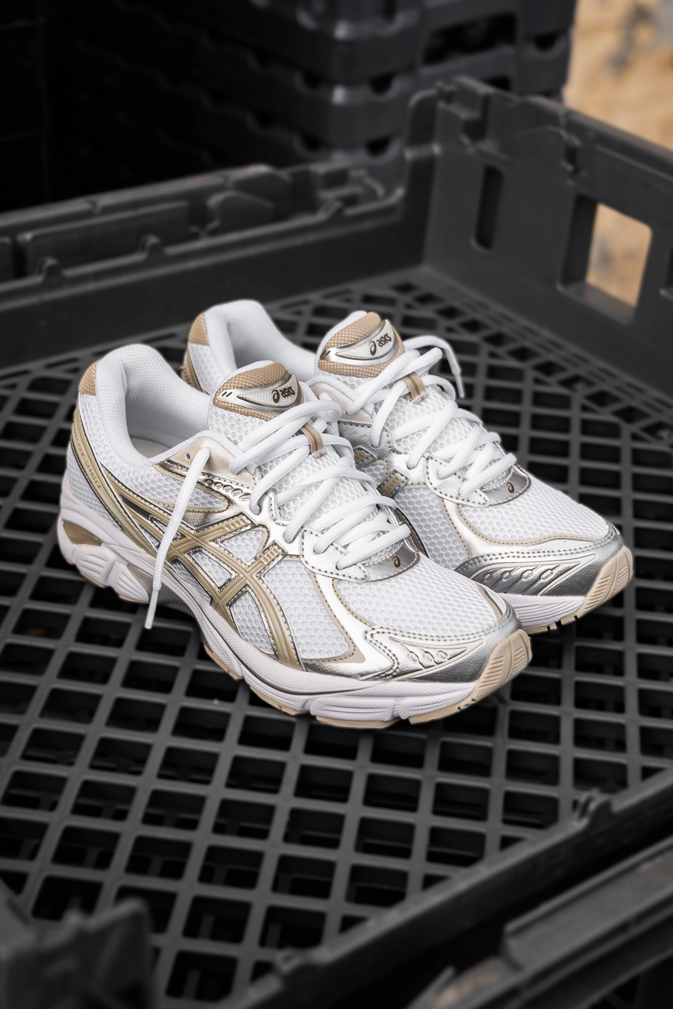 Mens Asics GT-2160 (White/Putty) running shoe close-up shots